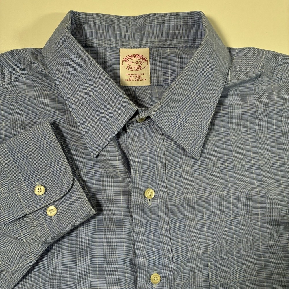 Brooks Brothers Shirt 17.5 2/3 Blue Plaid Oxford Button‎ Up Non Iron Traditional